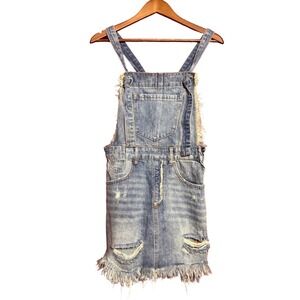 Insane Gene Women Small Distressed Denim Overall Dress Light Wash Frayed Hem